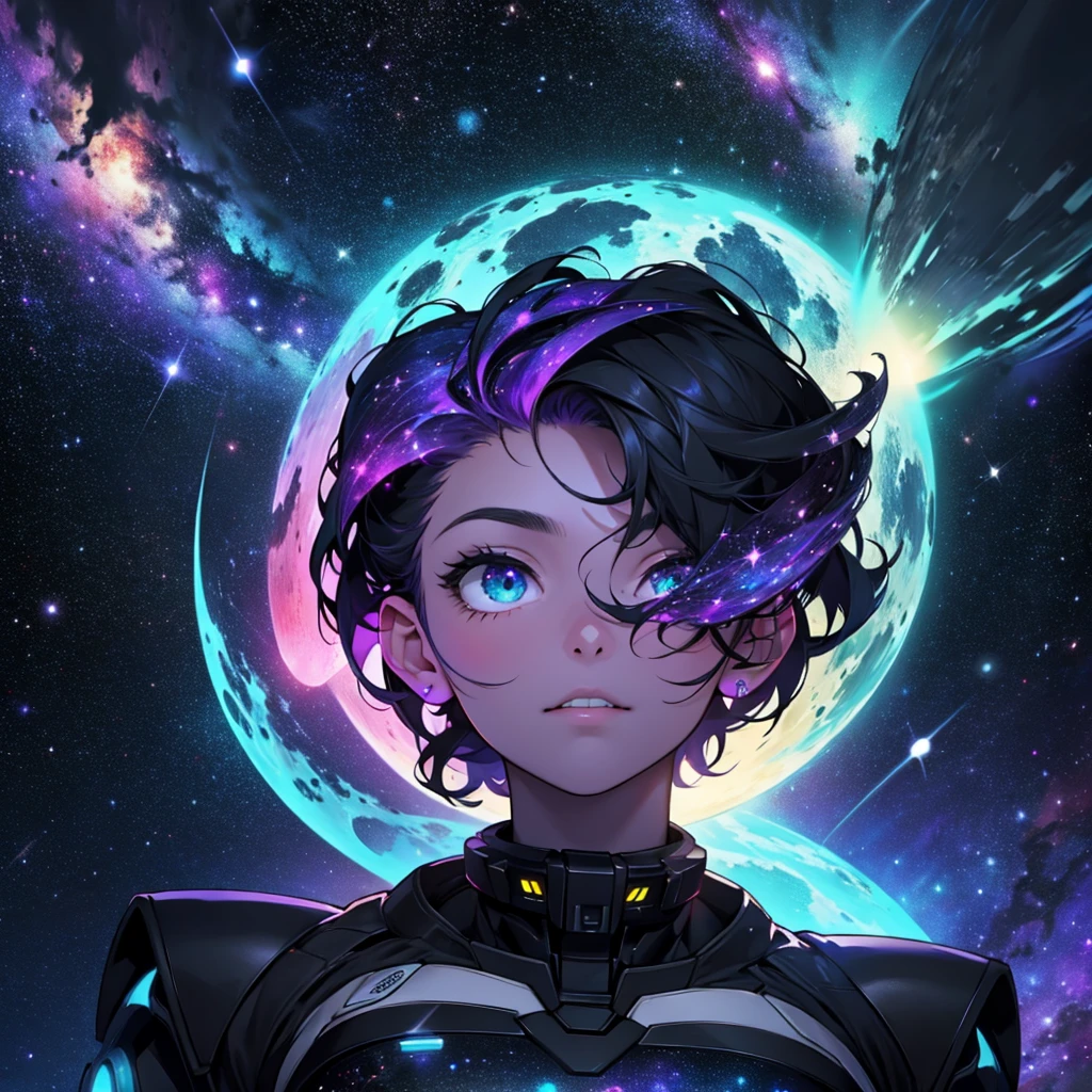 Space has beautiful stars and black holes, black, purple, blue, green.