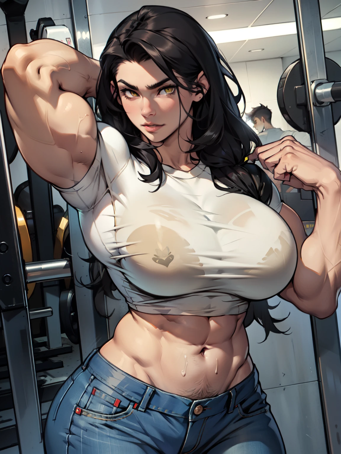 female pale skin 1girl muscular toned body huge breasts thick thighs black hair yellow eyes bodybuilder (tight shirt and pants long hair huge breasts)