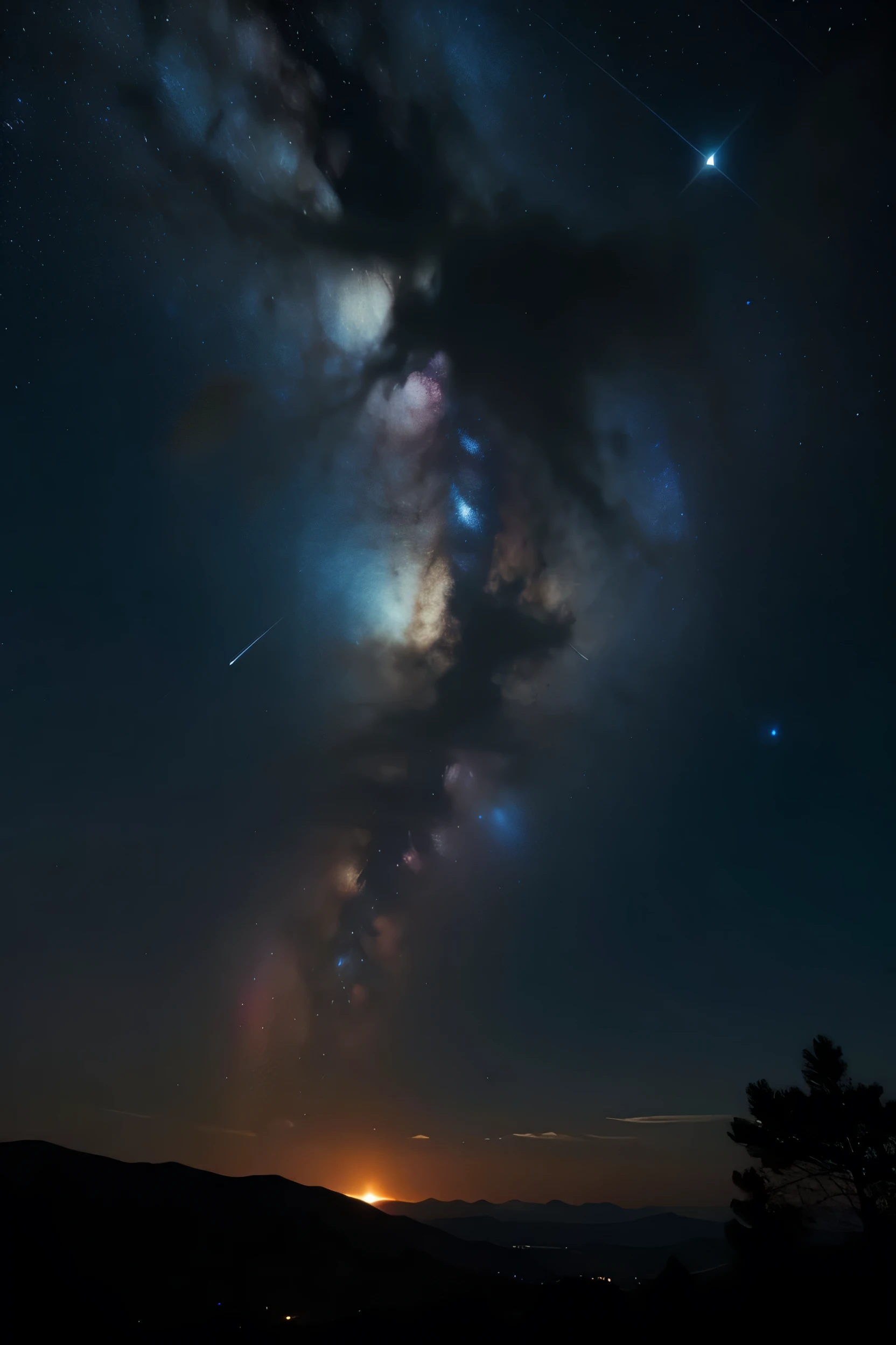 cinematic night sky, stunning starry night, ethereal galaxy, glowing nebula, shooting stars, dramatic lighting, professional color grading, high quality, masterpiece, ultra-detailed, photorealistic, cinematic composition, epic, captivating, breathtaking