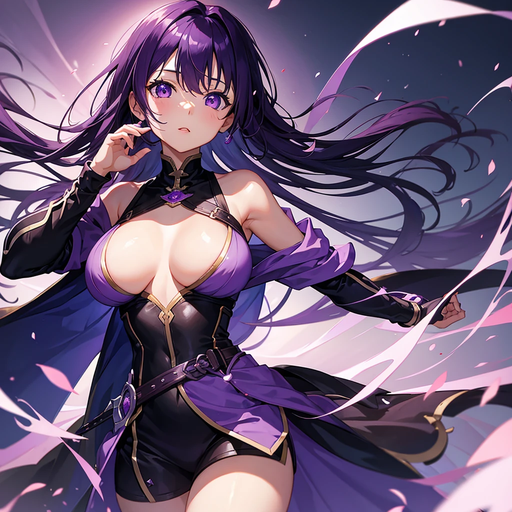 masterpiece, best quality, 1 Girl, Ma Kirito Sakura, Purple Hair, Purple Eyes, Large Breasts,