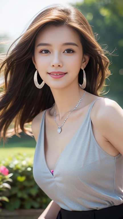 (Highest quality、 8k 、masterpiece、High resolution)、Young lovely woman、Ample breasts、Smooth and unnoticeable collarbone、Slender beauty、(Brown hair medium、My hair is blowing in the wind、Flows backwards)、Full Body Shot、 (Beautiful Face,Beautiful Eyes,Beautiful nose,Pretty lips)、(Stephanie hoove earrings、silver heart necklace)、(Black toponochrome dot skirt)、Her mouth opens slightly and a smile appears.、Dynamic pose、Outdoor、garden、Colorful flowers、looking at the camera、Professional Lighting、Professional photographer、Detailed CG、