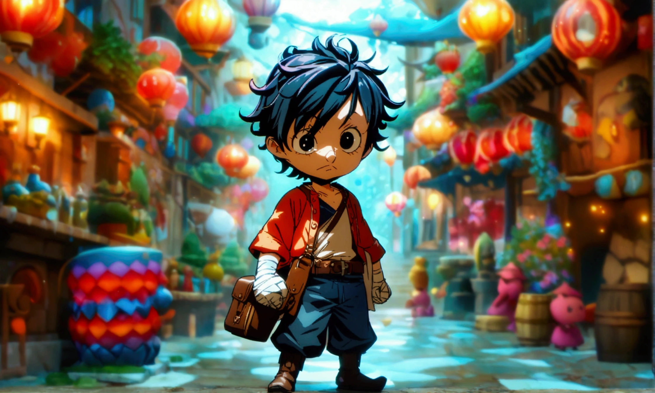 Fairy-like small man, unkempt appearance due to his alcohol addiction, messy hair and clever eyes, pointed nose, bandaged hands, simple and worn clothes, short tunic, light pants and boots, carrying a small leather bag attached to his belt, bar background, "Anime character design inspired by One Piece, full of dramatic and impressive lighting, focus on the centralized character, impressive face, full of creative details, ultra-fine 4K design, scenery bathed in creativity, boasting 2D anime resolution clarity, HD anime graphics, high-octane rendering"
