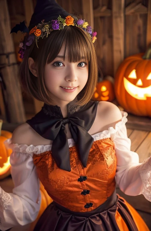 ((from below,vagina),a 20 years old girl, detailed cutie face, beautiful detailed eyes, detailed dropped eyes, beautiful charming smile, extremely detailed face,slender,short hair,anime style, halloween costume:2.0), Hires.fix,colorful lights, pumpkin decorations, haunted house, best quality, 4k, highres, masterpiece, realistic, photorealistic, photo-realistic, vivid colors, intricate details, fantasy, soft lighting, magical