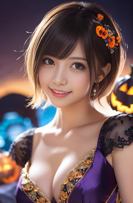 ((from below,vagina),a 20 years old girl, detailed cutie face, beautiful detailed eyes, detailed dropped eyes, beautiful charming smile, extremely detailed face,slender,short hair,anime style, halloween costume:2.0), Hires.fix,colorful lights, pumpkin decorations, haunted house, best quality, 4k, highres, masterpiece, realistic, photorealistic, photo-realistic, vivid colors, intricate details, fantasy, soft lighting, magical