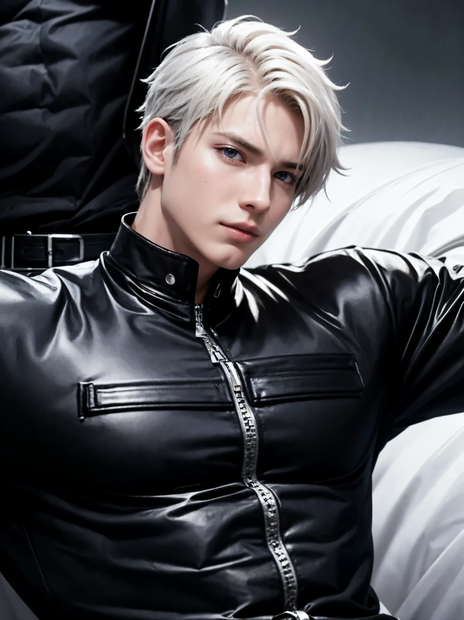 Full body photorealistic 4k, Catboy , cat ears, yellow cats eyes, very high resolution, best quality, masterpiece, perfect color, perfect shade, perfect lighting, Posted by e621, , ((handsome man)), perfect male figure, Short hair details,chest muscles,abdominal muscles, wearing a black tight fit latex spandex with boots and gloves, Detailed face, perfect face, (stood up), Detailed background, ((Bonifasco Lighting)), (delicate eyes)),white haired.
