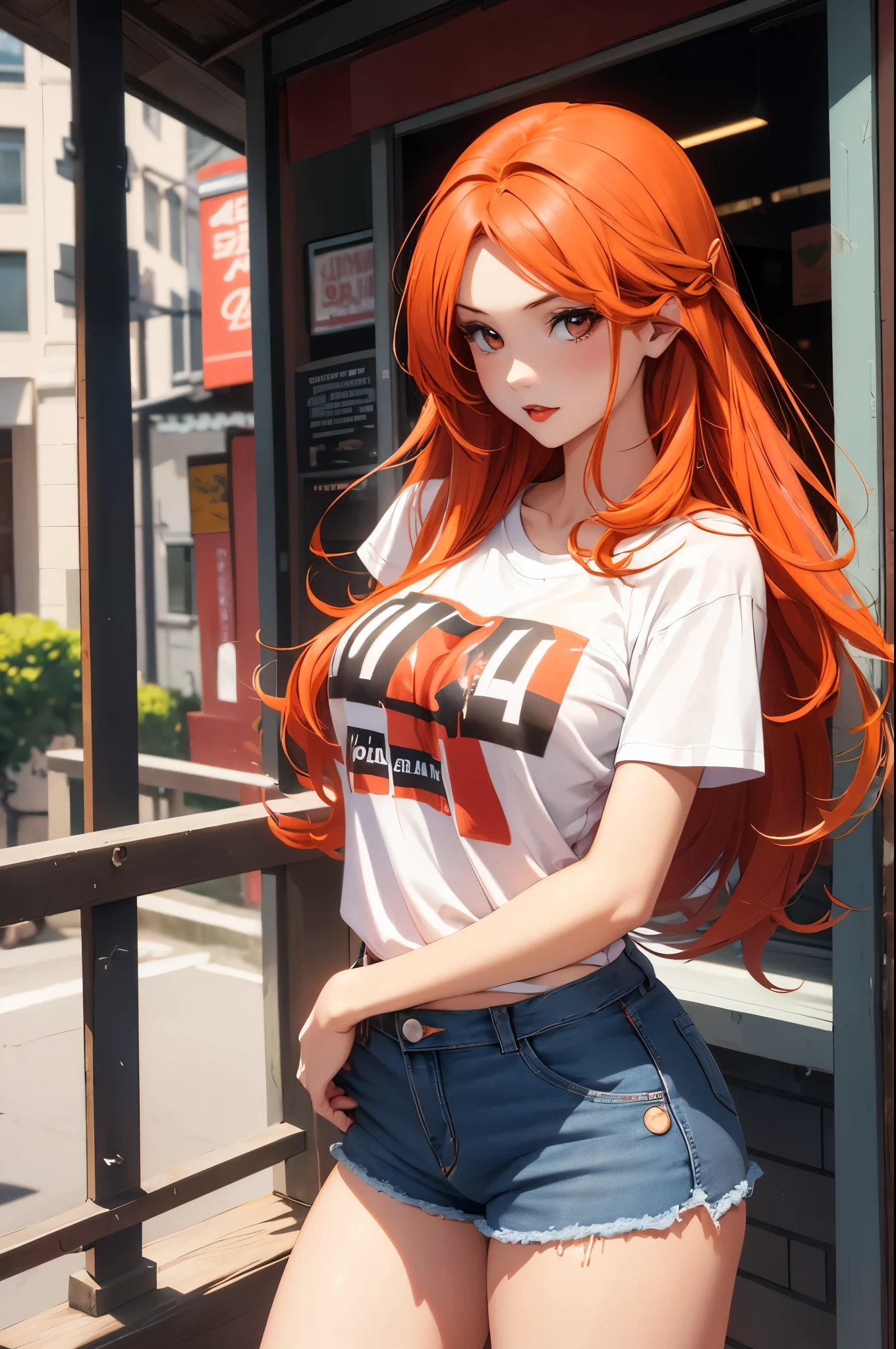 young sexy woman with long orange hair and brown eyes, wearing red lipstick. with denim shorts and a white baby look t-shirt