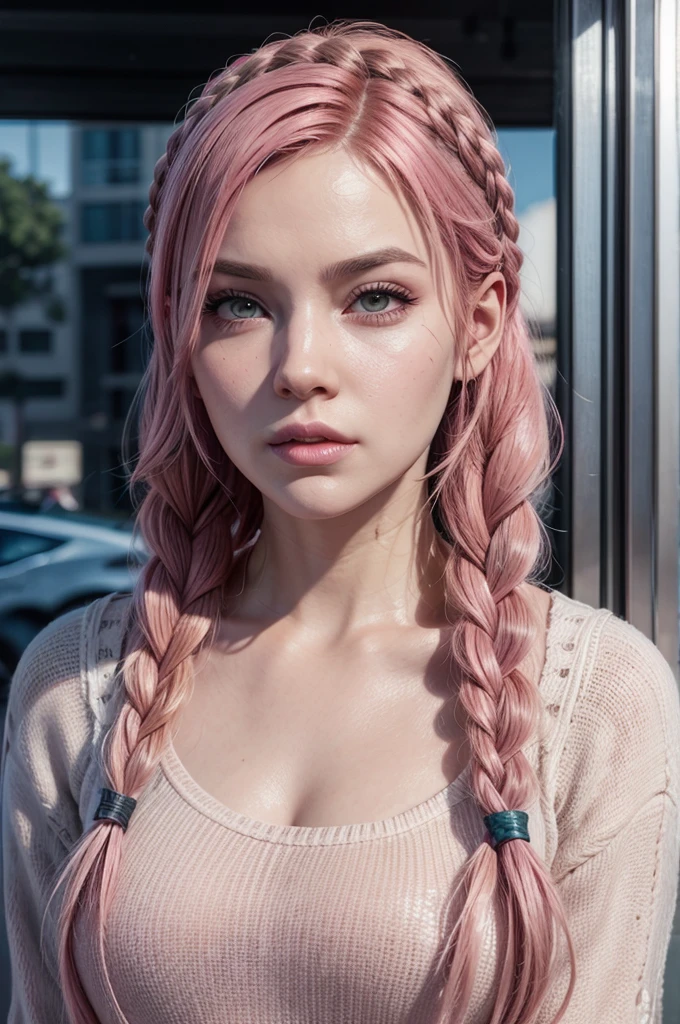 face of a female gta online character with braided pink hair 