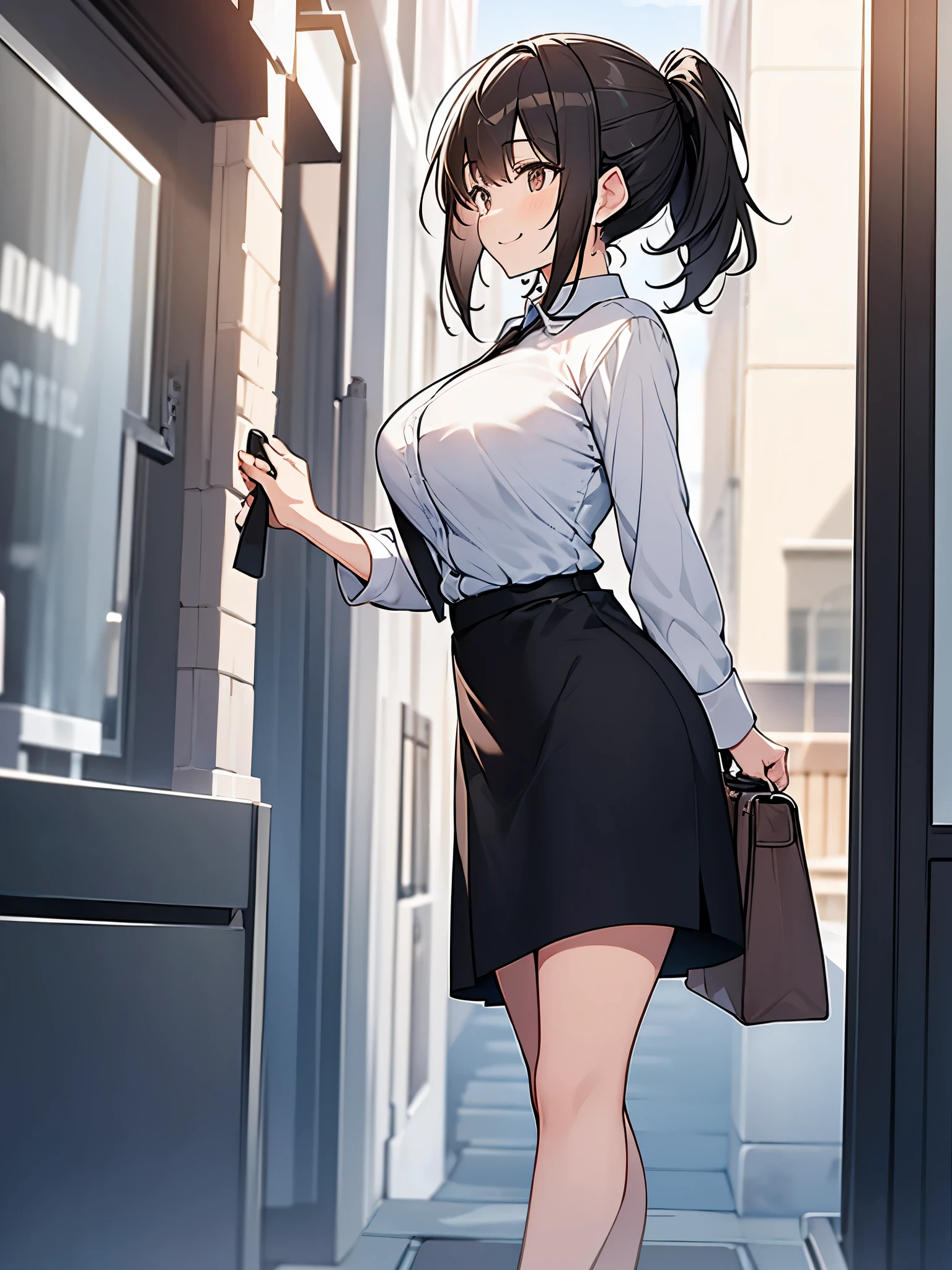 Composition seen from the side Solo Profile Looking away:3.6 Smiling woman with light in her eyes laughing with her mouth open Walking through the business district Cloudy Full body view Sweat High ponytail:3.6 Social People Black recruitment suit White collared shirt Three-quarter sleeves Black Skirt Black short hair, straight hair, hair tie Sweep your bangs to the side:2.4. Slanted eyes, brown eyes, tall, strong-willed, beautiful tits Business bag