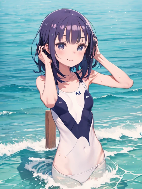 One Woman、coastal、Wave打ち際、Wave、Sandy Beach、Navy blue one piece swimsuit、Swimsuit、High leg、((swimming gogglesを額に、swimming gogglesを持つ、Hands on head))、Wet body、Wet Hair、Upper Body、Watching the audience、Smiling、Wave打ち際に立っている、