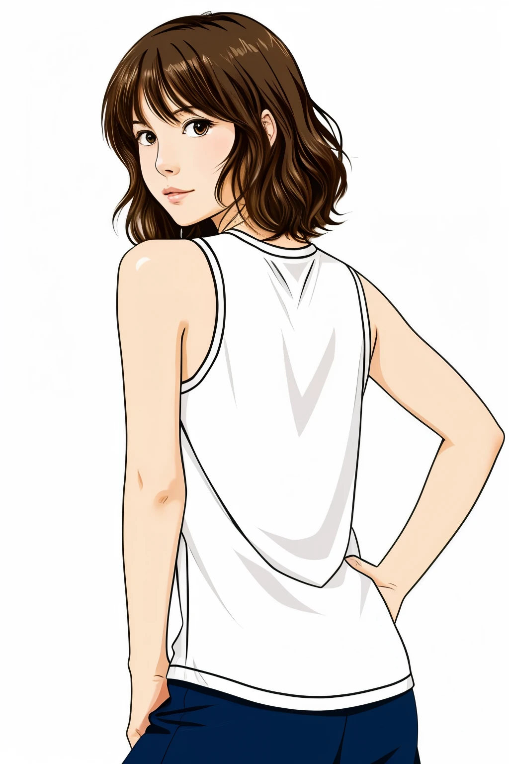 Anime style girl with short white wavy hair, leaning with the upper half of the body forward, like at a 90 degree angle, with arms stretched back, with his hands crossed behind his back
