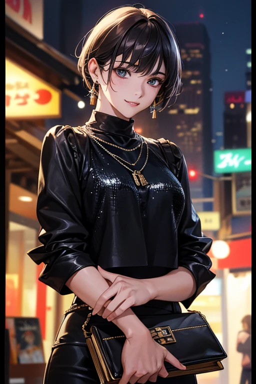 ((Highest quality)),(超High resolution),(Very detailed),(Detailed Description),((The best CG)),(masterpiece),Ultra-detailed art、(Highest quality、8k、32K、masterpiece)、(Realistic)、(Realistic:1.2)、(High resolution)、Very detailed、Very beautiful face and eyes、1 female、((:1.3))、Tight waist、Delicate body、(Highest quality、Attention to detail、Rich skin detail)、(Highest quality、8k、Oil paints:1.2)、Very detailed、(Realistic、Realistic:1.37)、Bright colors、A beautiful woman in her mid-twenties working in Ginza at night。((she、Asymmetrical pixie cut:1.8、Bangs are long and swept to the side。))。The makeup is natural、Enhances natural beauty。((Black leather jacket and silver sequin camisole。tight black skinny pantultiple thin silver chain necklaces and a studded clutch bag。))。The neon lights of Ginza shine in the background.、It creates the atmosphere of a night town.。The style is realistic、Has a photo-like texture。she自信に満ちた表情で、Smiling at the camera。