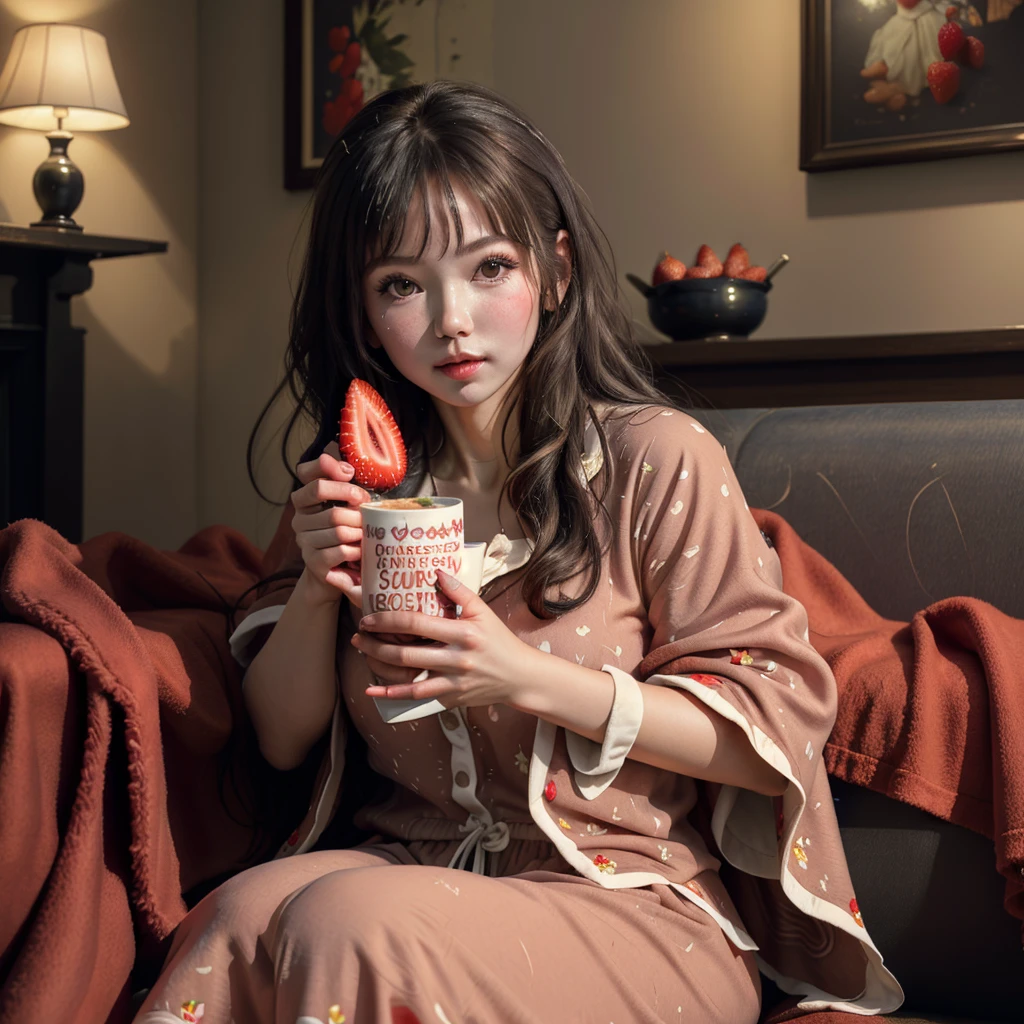 ((Best Quality)), ((masterpiece)), (detailed), 1 girl, with strawberry pajamas, covered with a red blanket, she is sick, On the couch, with a vegetable soup.