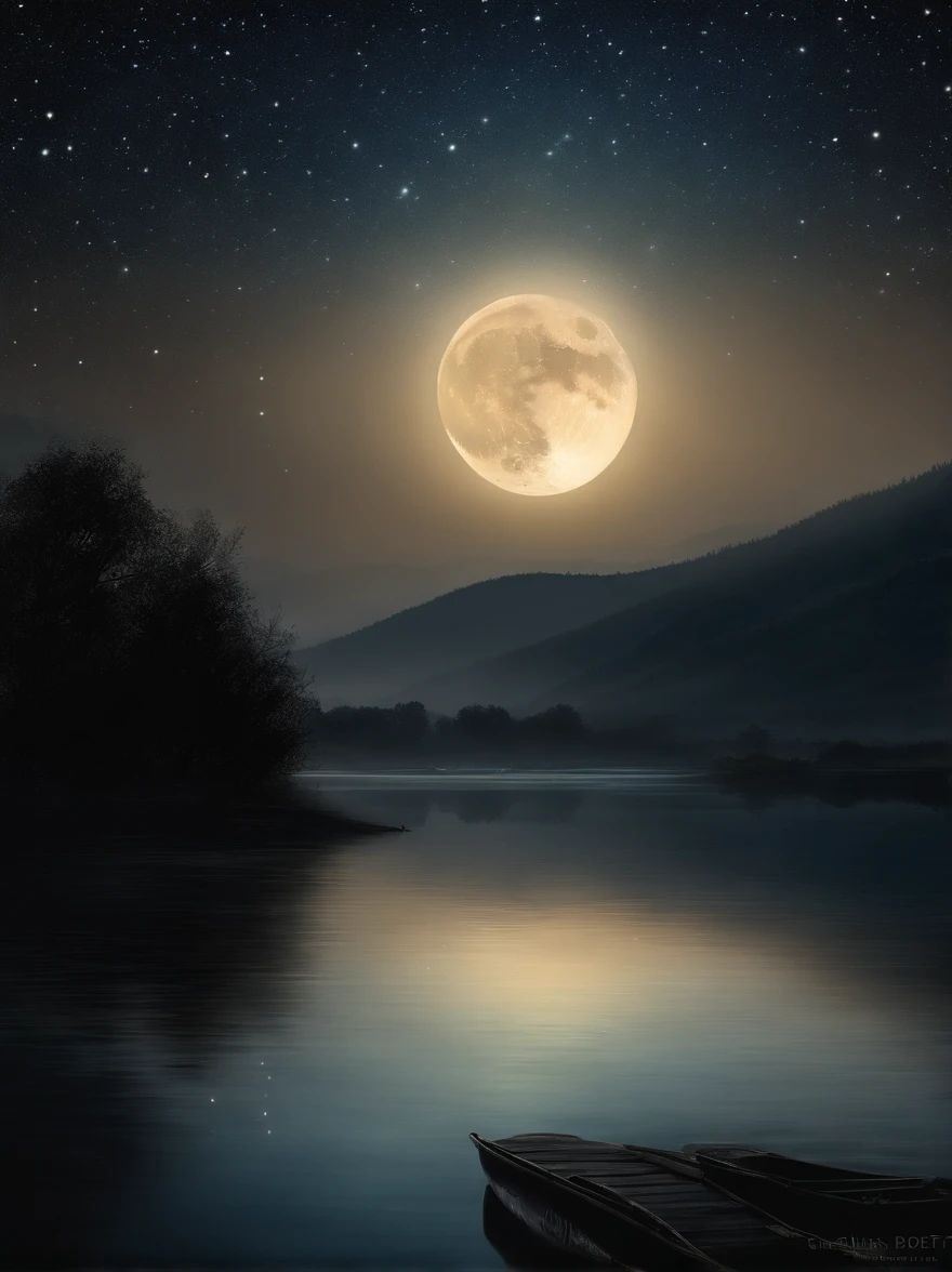 "A peaceful and peaceful night, Bask in a silvery glow. Harmonious scene of the moon，Subtly reflected on the calm water. Twinkling stars dot the dark sky, creating a magical atmosphere. The surrounding nature is shrouded in a light and mysterious mist. Let your imagination come to life in this night painting full of calm and serenity."