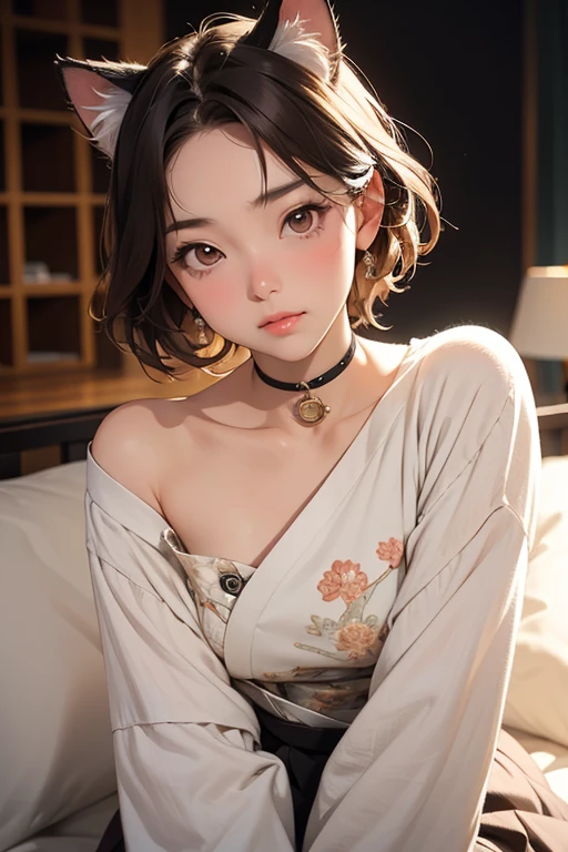 One girl, Short brown hair, Cute Japanese Girl, Adorable , , Flat Chest, Innocent look, Relaxed pose, Cat ear, Cat Pose, Lolita Fashion, whole body, Fascinating, glamorous, Highest quality, 8k, Realistic, Super detailed, Highly detailed face and eyes, Sharp focus, Cinema Lighting, Warm color palette, Natural Skin Tone, Intricate details