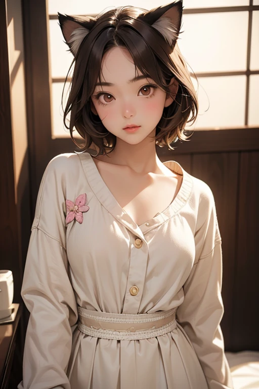 One girl, Short brown hair, Cute Japanese Girl, Adorable middle school student, , Flat Chest, Innocent look, Relaxed pose, Cat ear, Cat Pose, Fashion, whole body, Fascinating, glamorous, Highest quality, 8k, Realistic, Super detailed, Highly detailed face and eyes, Sharp focus, Cinema Lighting, Warm color palette, Natural Skin Tone, Intricate details