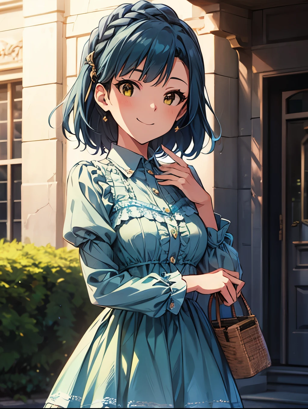 yuriko nanao (million live), 1 girl, Solo, Best Quality, masterpiece, 8K, High resolution, Ultra-detailed, madeon, portrait, light smile, looking at viewer, yellow eyes, light smile, bright green and aqua blue dress, collared, frilled dress, lacy dress, outdoor,