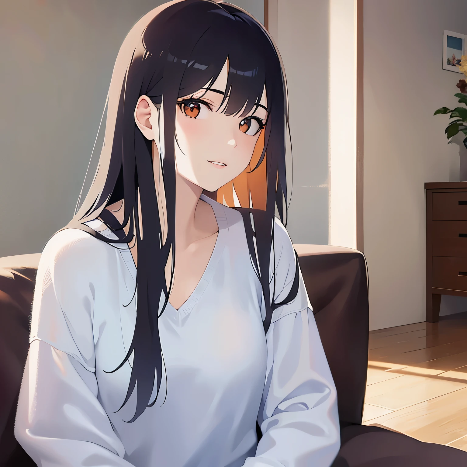 (looking away:1.5),Upper Body,Side shot、
Realistic, real person, (pale skin: 1.2), RAW photo, photorealistic, shiny skin, shiny hair、
(A 25-year-old woman with medium-length hair and bangs) and (wavy hair) and (brown hair) and (orange eyes) 、
smile, Wearing a white V-neck long sleeve 、The background is the living room