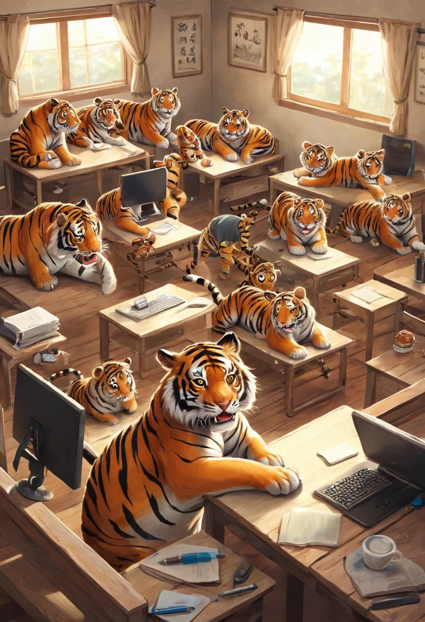 There are lots of cute tigers in the room，Various expressions々，There are computers around