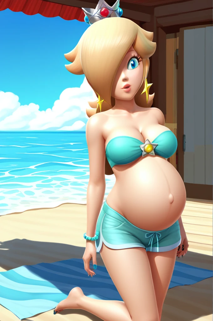 score_9, score_8_up, 1girl, solo, rosalina, style parody, thick outlines, blue bikini, shorts, pregnant belly, sleeveless, strapless, cleavage, indoors, beach, 