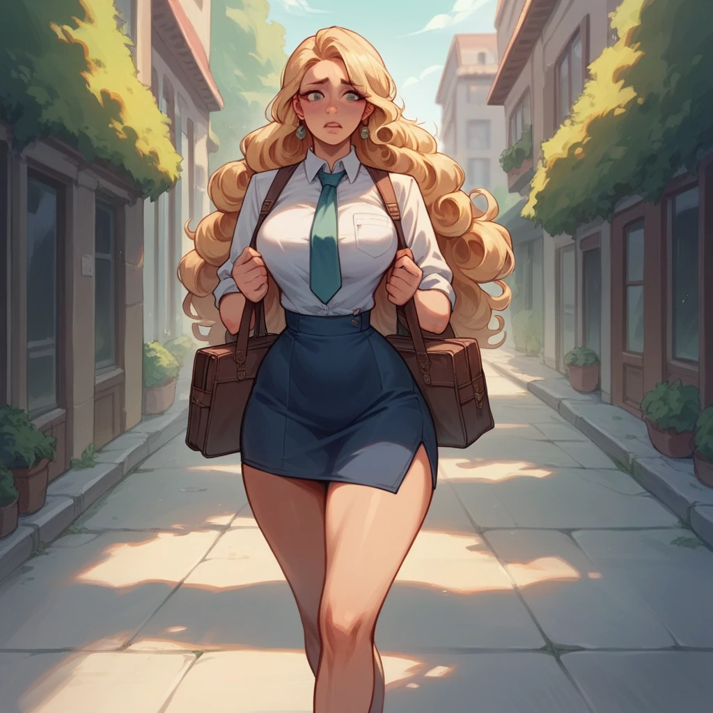 Beautiful woman 25 years old, not very high, long curly light blonde hair, Thin waist, big tits, well-shaped and large hips. She wears a secretary uniform with a tie, she is walking down the street, she is worried, carry a wallet