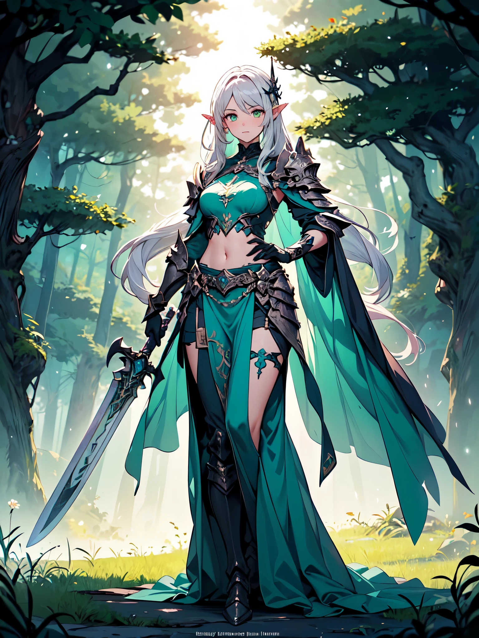 (((Masterpiece, best quality, high detailed, 8k))) Design a layout showcase Gaming character, (1girl). Long silver hair, green eyes, wearing a long flowing jade dress, showing midriff, wielding a massive greatsword, sexy. (masterpiece:1.2), (best quality), ultra-detailed. (Step by step design, layout art:1.5), (luminous lighting, atmospheric lighting). Majestic elf in a magnificent forest with beautiful lighting. ((glove full hands)), intricate vambraces, high-tech legwear, (((full_body_shot:1.4))). The elf stands gracefully amidst ancient, towering trees, their leaves shimmering with a magical glow. The futuristic armor, a blend of sleek metal and glowing energy lines, contrasts beautifully with the natural surroundings. Her long silver hair flows softly around her, framing her elegant face with piercing green eyes that radiate wisdom and strength. The empowering greatsword she holds is adorned with mystical runes, pulsing with an ethereal light. She exudes an aura of power and serenity, perfectly harmonized with the enchanting beauty of the forest around her. Art style inspired by Artgerm, Kawacy, and Wadim Kashin.