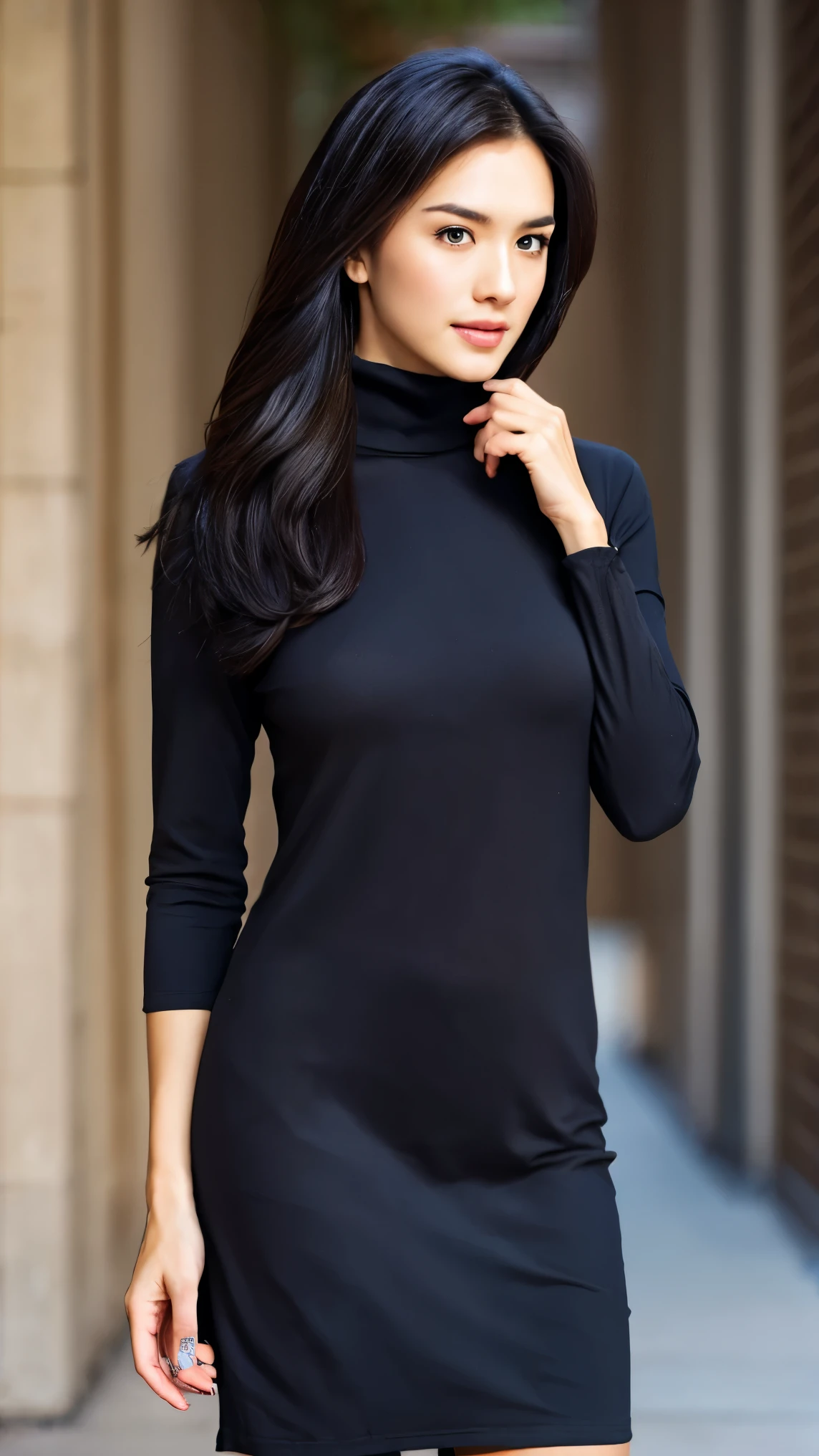 background is New York,street, 1 girl, beautiful korean girl, big eyes, wearing tight black dress(turtle neck,simple,long sleeves), black long boots, shy smile, solo, beautiful and detailed eyes, dark eyes, big breasts, calm expression, delicate facial features, ((model pose)), Glamor body type, (dark hair:1.2), simple tiny earrings, simple tiny necklace, very_long_hair, hair past hip, bangs, curly hair, flim grain, realhands, masterpiece, Best Quality, 16k, photorealistic, ultra-detailed, finely detailed, high resolution, perfect dynamic composition, beautiful detailed eyes, eye smile, ((nervous and embarrassed)), sharp-focus, full_body, cowboy_shot