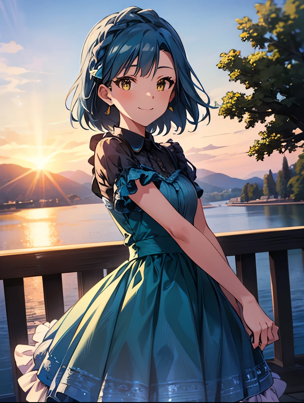 yuriko nanao (million live), 1 girl, Solo, Best Quality, masterpiece, 8K, High resolution, Ultra-detailed, madeon, yellow eyes, light smile, bright green and aqua blue dress, collared, frilled dress, lacy dress, outdoor, beautiful lakehood,