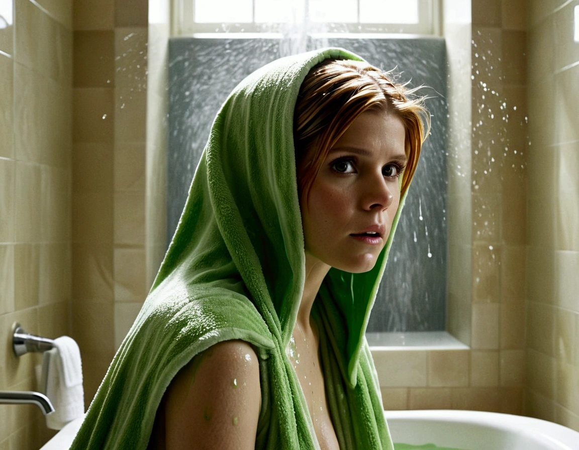 Kate Mara, age 25, dressed in a bath towel, is fleeing from her bathroom which is filling with translucent grrn slime that is extending slime tentacles at Kate