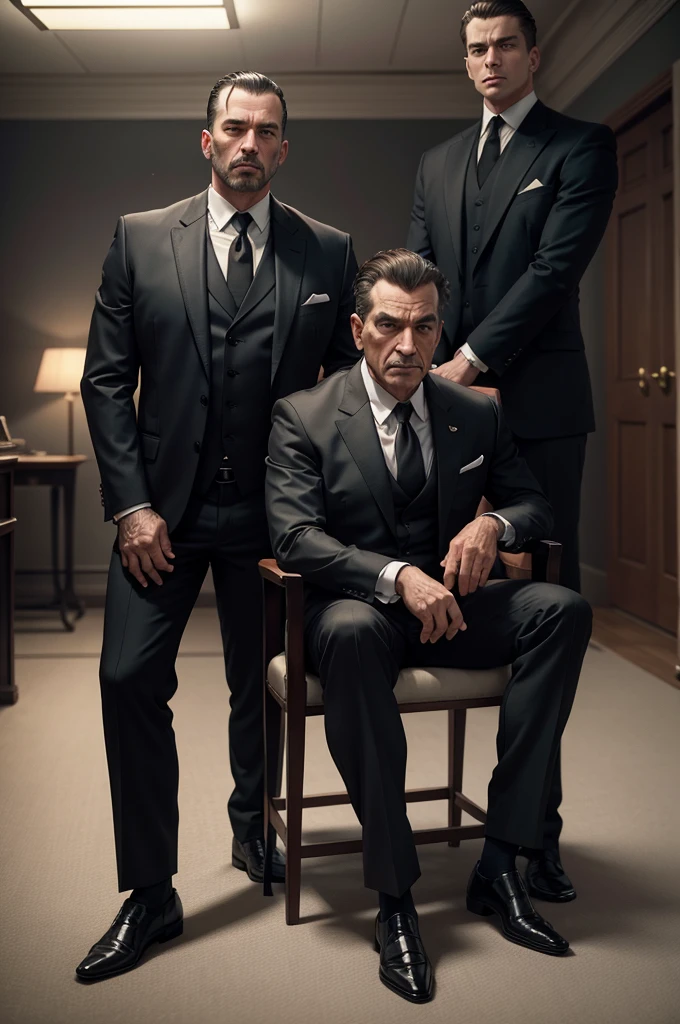 Two American Mafia men in suits，One of them was sitting on a chair with his legs crossed，Another one stood behind him，Featuring a mafioso sitting on a chair，The background is a mafia high-end room, Biographical films, Promotional image, High quality photos, Art work, Wim Wenders, [ drama ], 2022 , [ Movie, author：Emma Andijewska, High-quality screenshots, author：Dan Frazier, 4k static, netflix, High-quality stills, a24 ，High quality face，Clear facial features