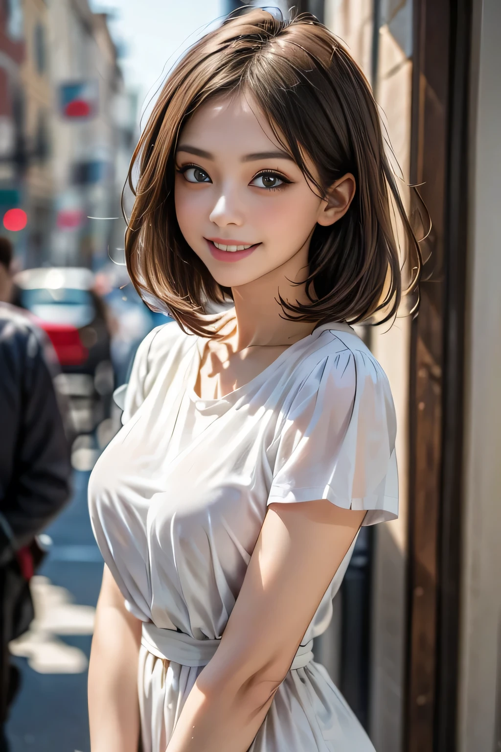 ((1 Ultimate Beauty))、mature、Beautiful Face、(Big eyes:1.3), Brown eyes、Detailed lips, Beautiful eyes in every detail, double eyelid, Long eyelashes、(Huge breasts), (curve), Lips parted, Beautiful teeth alignment, blush, Captivating Gaze、Captivating smile, (Brunette Bob), (Perfect fit colorful short silk dress), futomomo, Sexy pose, Detailed background, background: (Celebrity Mansions)、Realistic background and accessories、((Cowboy Shot))、(Advanced Depth of Field)、((masterpiece))、((Highest quality))、reality、reality、High resolution、Very detailed、reality lighting, reality