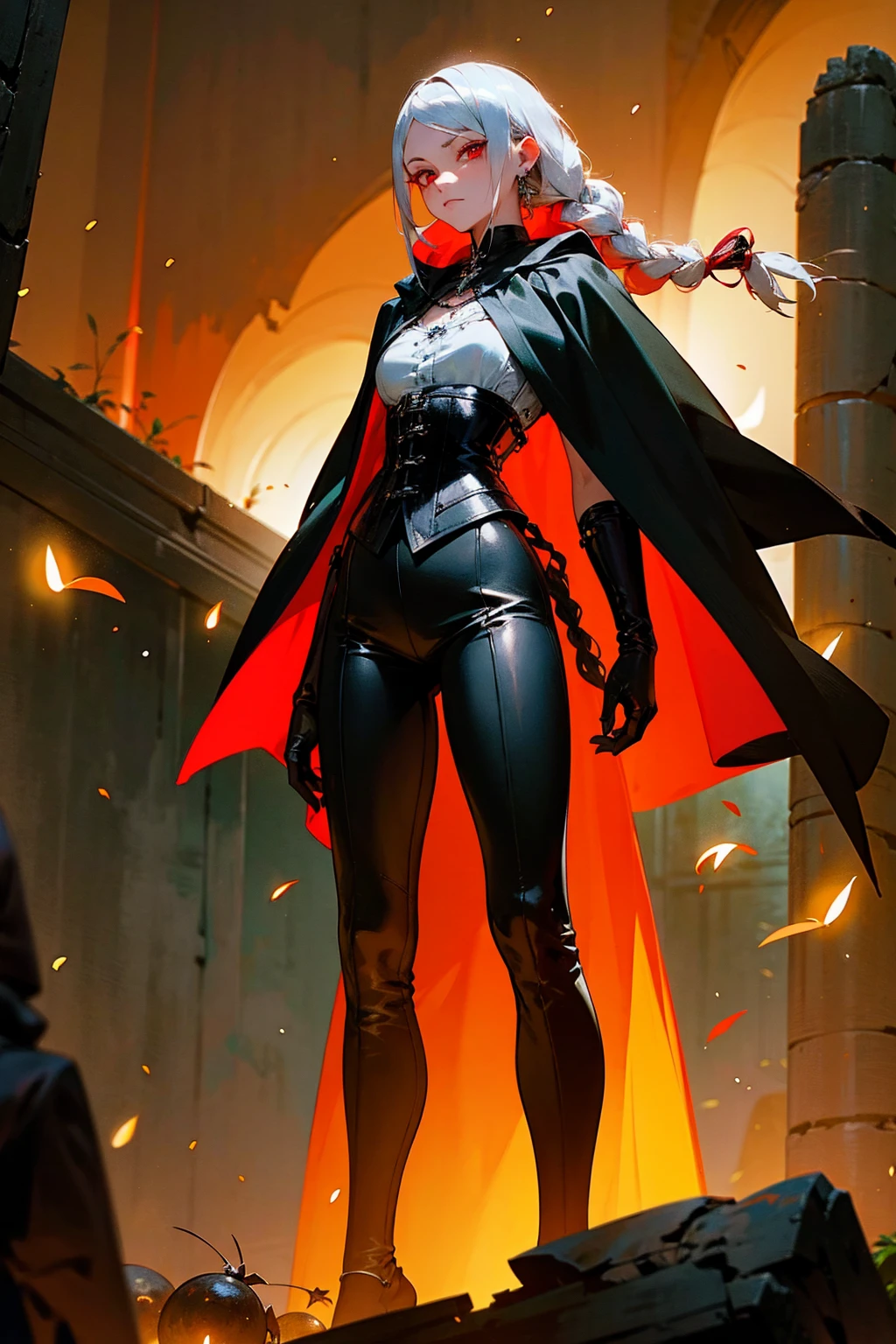 1female, silver hair, red eyes, long braided hair, dark green cloak, black corset, brown leather pants, tall boots, glowing red fireflies, ancient ruins background, masterpiece, 8k, standing on path
