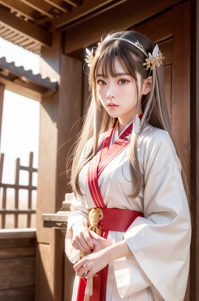 White hunting uniform, a shinto shrine maiden, detailed face, detailed eyes, detailed lips, long straight brown hair, silver scissors, gold hair ornaments, red lines on white outfit, conservative outfit, holding silver scissors, standing in a shrine courtyard, upper body closeup, high quality, digital art, photorealistic, dramatic lighting, cinematic, masterpiece