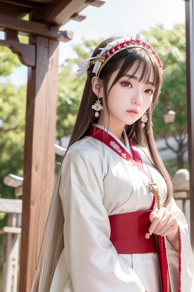 White hunting uniform, a shinto shrine maiden, detailed face, detailed eyes, detailed lips, long straight brown hair, silver scissors, gold hair ornaments, red lines on white outfit, conservative outfit, holding silver scissors, standing in a shrine courtyard, upper body closeup, high quality, digital art, photorealistic, dramatic lighting, cinematic, masterpiece