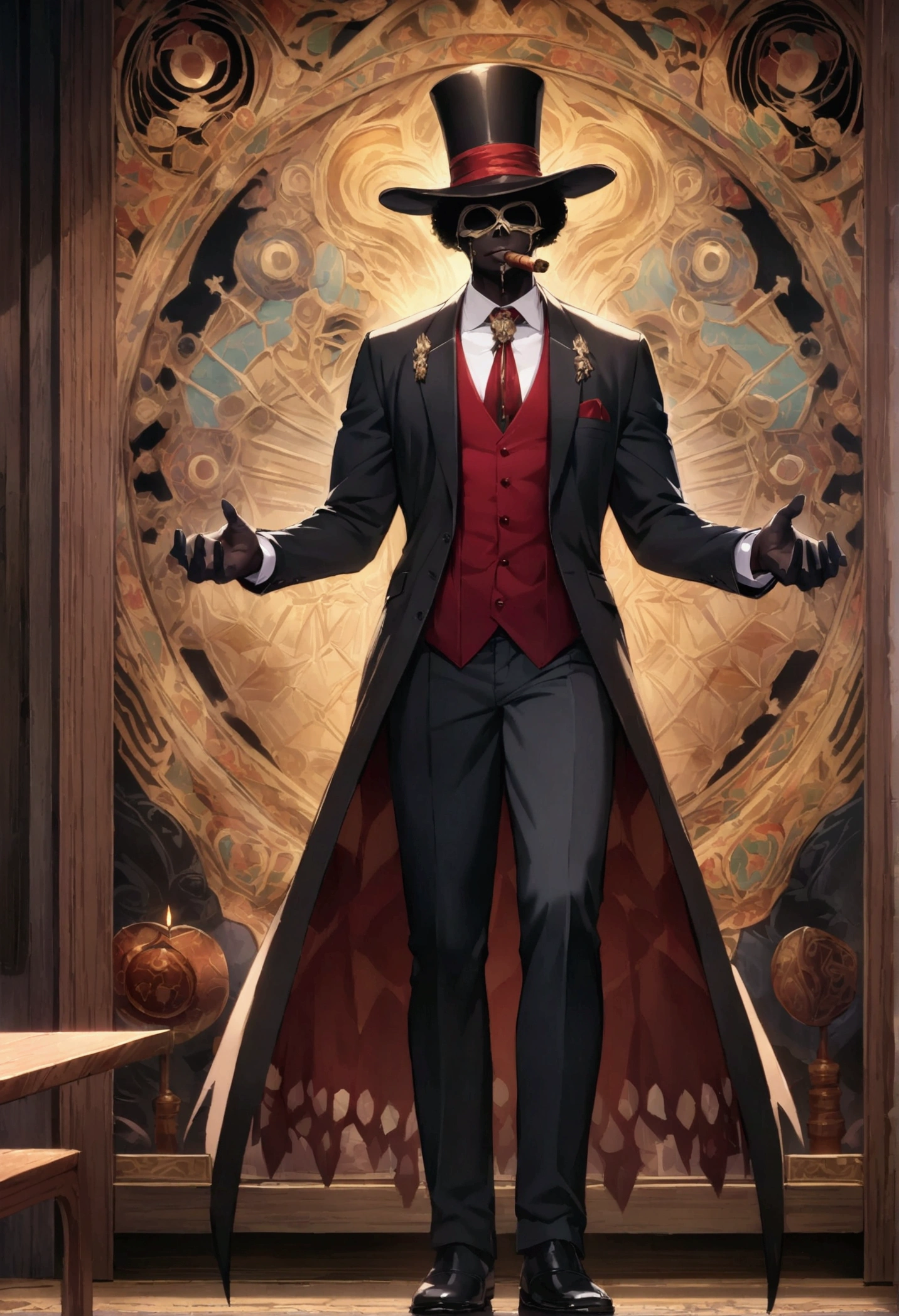 (((BARON SAMEDI))) best quality, ultra-high resolution, 4K detailed CG, masterpiece, man, formal wear, top hat, cigar, voodoo mythology, ((standing pose)), African aesthetic, centered screen