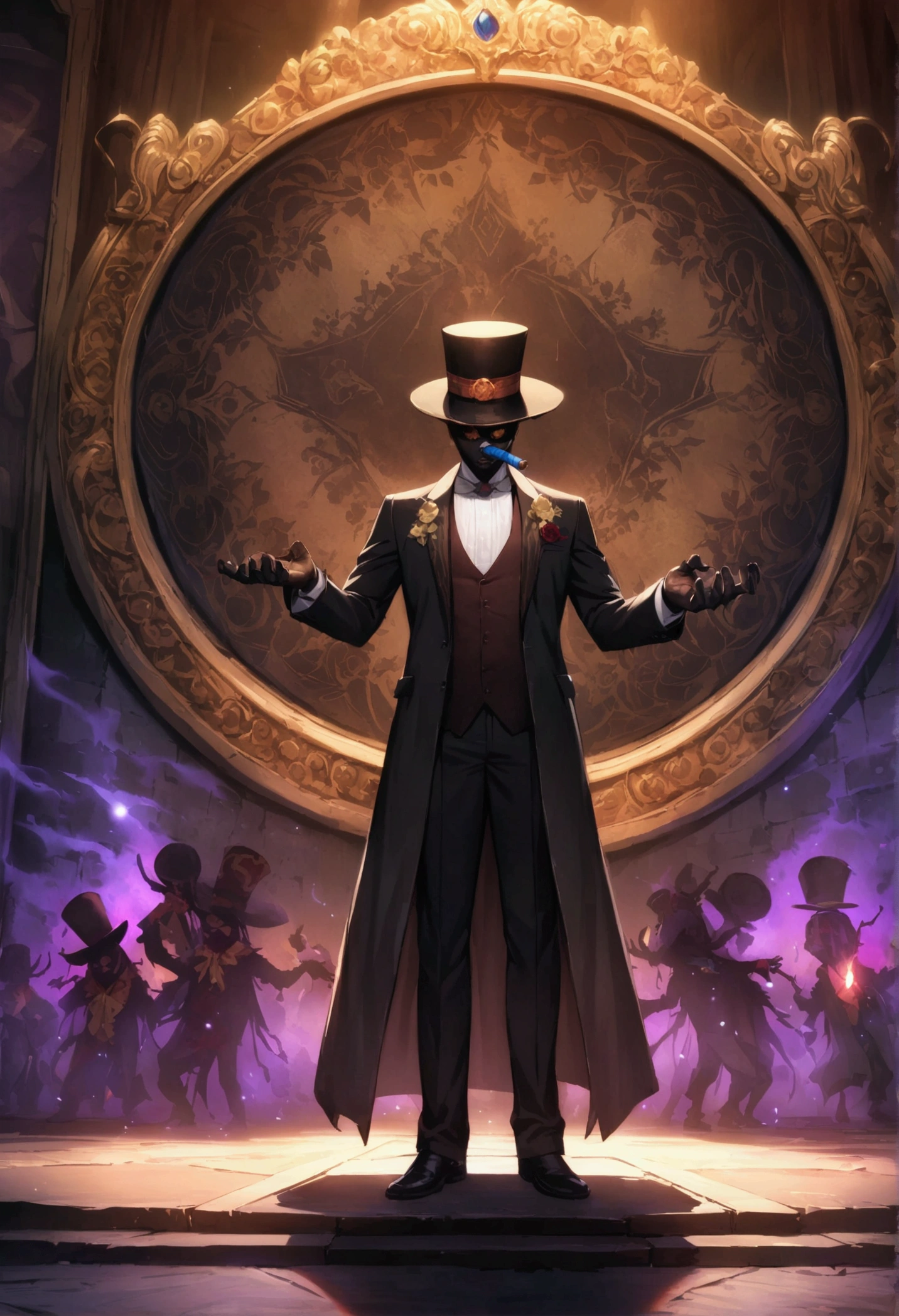 (((BARON SAMEDI))) best quality, ultra-high resolution, 4K detailed CG, masterpiece, man, formal wear, top hat, cigar, voodoo mythology, ((standing pose)), African aesthetic, centered screen