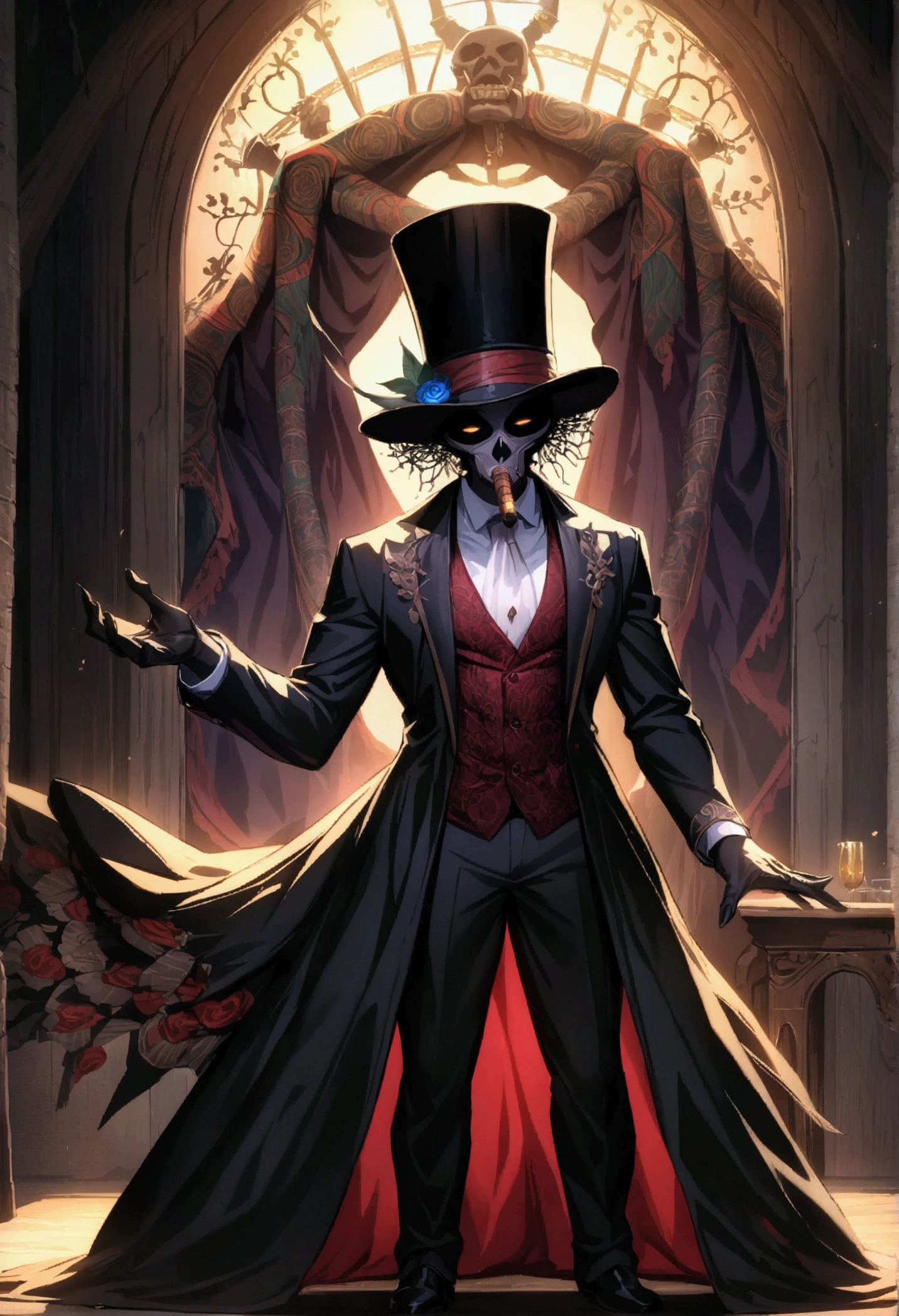 (((BARON SAMEDI))) best quality, ultra-high resolution, 4K detailed CG, masterpiece, man, formal wear, top hat, cigar, voodoo mythology, ((standing pose)), African aesthetic, centered screen