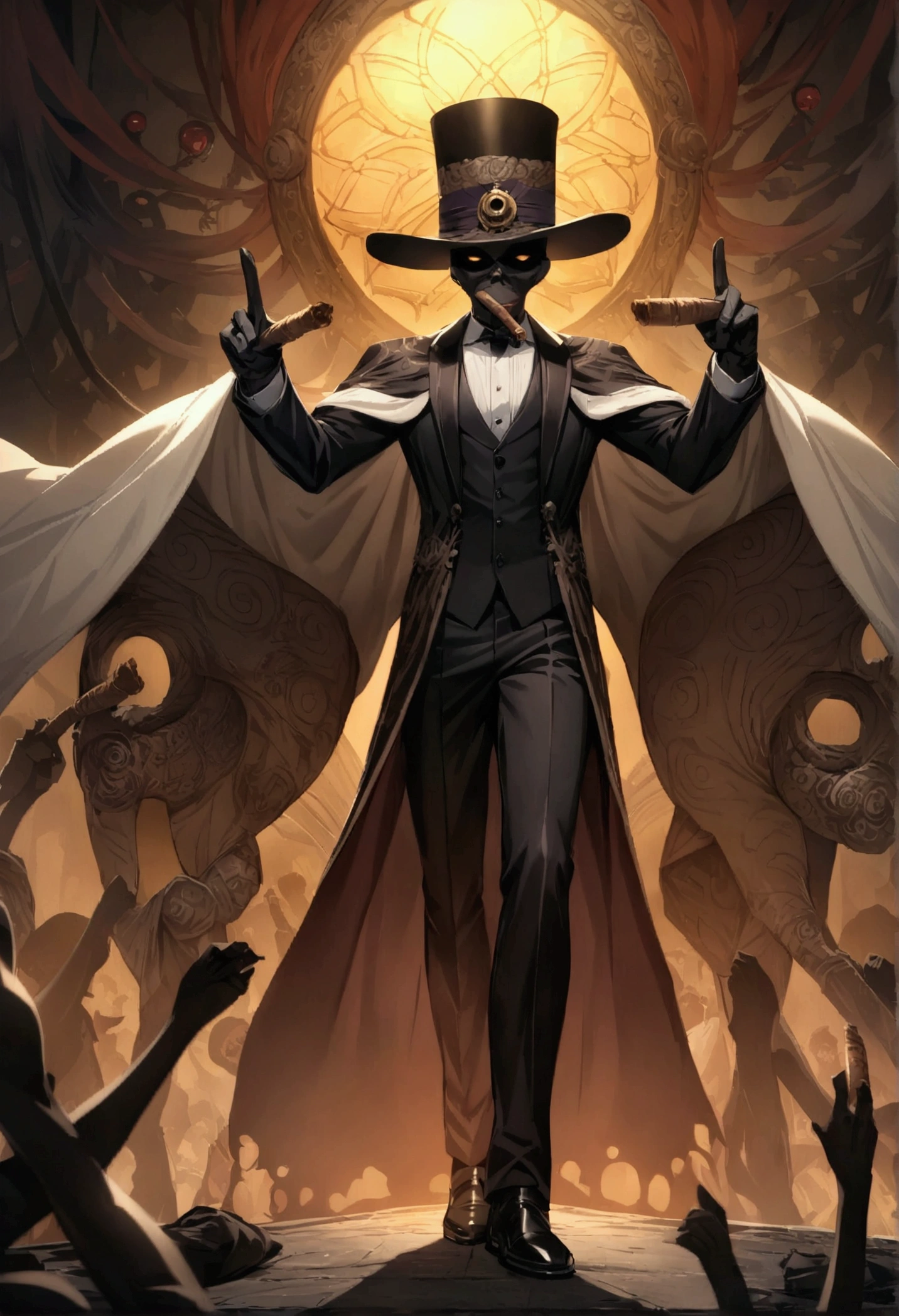 (((BARON SAMEDI))) best quality, ultra-high resolution, 4K detailed CG, masterpiece, man, formal wear, top hat, cigar, voodoo mythology, ((standing pose)), African aesthetic, centered screen