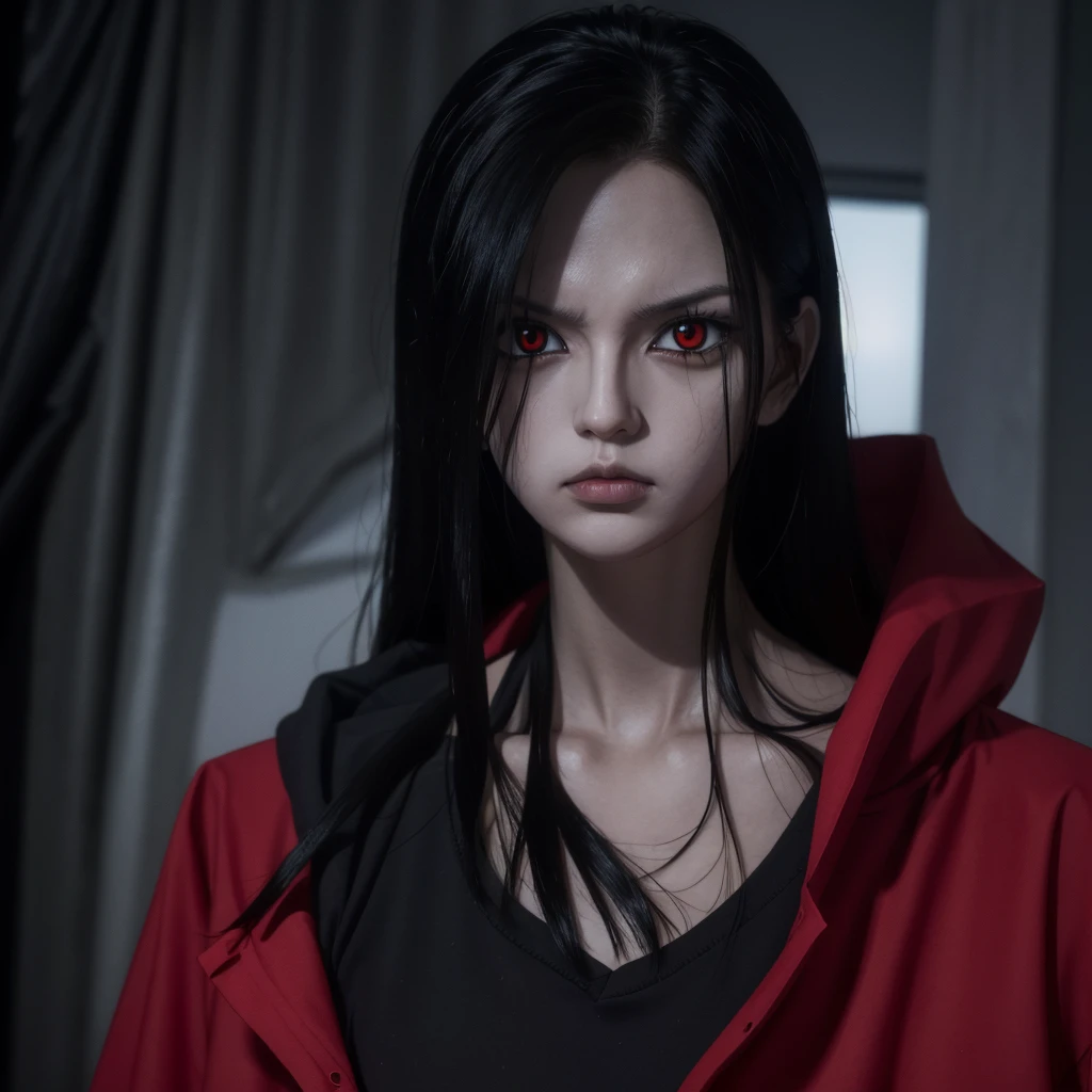 a male fox 2 meters tall face tiring black hair red eyes dark and scary appearance black clothes cute but scary and intimidating appearance