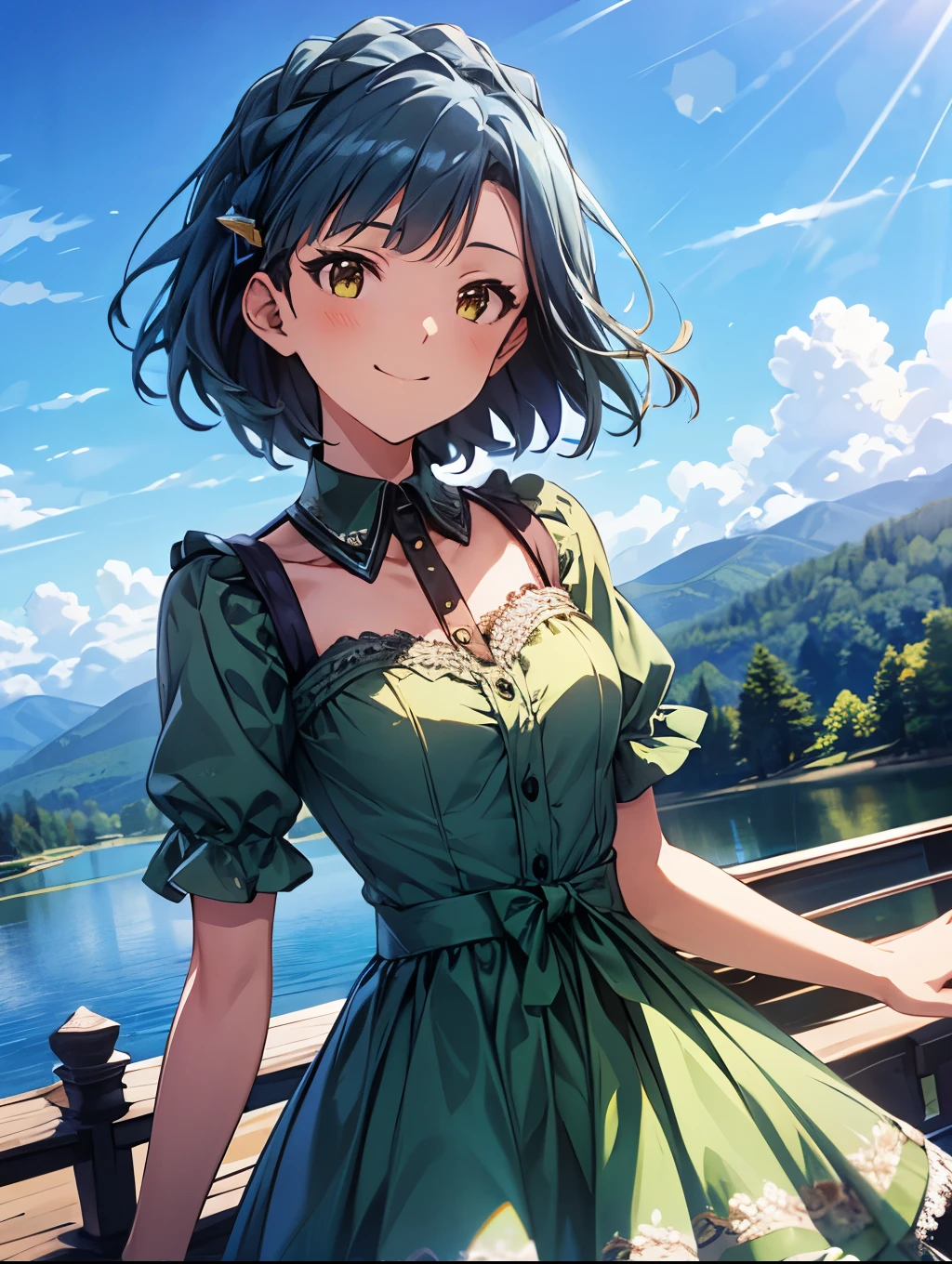 yuriko nanao (million live), 1 girl, Solo, Best Quality, masterpiece, 8K, High resolution, Ultra-detailed, madeon, yellow eyes, light smile, bright green and aqua blue dress, collared, frilled dress, lacy dress, outdoor, beautiful lakehood, high mountain in the background,