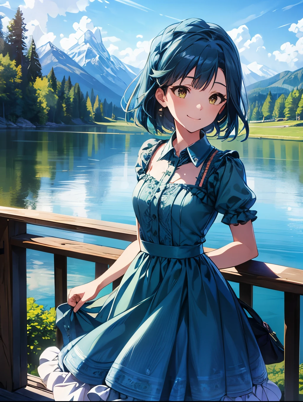 yuriko nanao (million live), 1 girl, Solo, Best Quality, masterpiece, 8K, High resolution, Ultra-detailed, madeon, yellow eyes, light smile, bright green and aqua blue dress, collared, frilled dress, lacy dress, outdoor, beautiful lakehood, high mountain in the background,