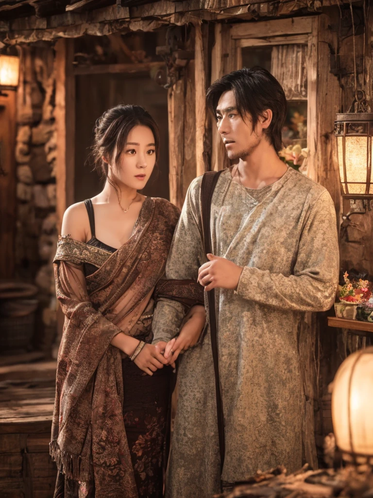 A weathered old man with wrinkled skin, leading a Asian beautiful young woman with large breasts into a rustic cottage, intricate details, hyper realistic, cinematic lighting, dramatic atmosphere, muted color palette, masterpiece, 8k, photorealistic, highly detailed, dramatic lighting, natural environment, emotional expression, elegant pose, cinematic composition, moody and atmospheric, realistic fabric textures, high quality rendering