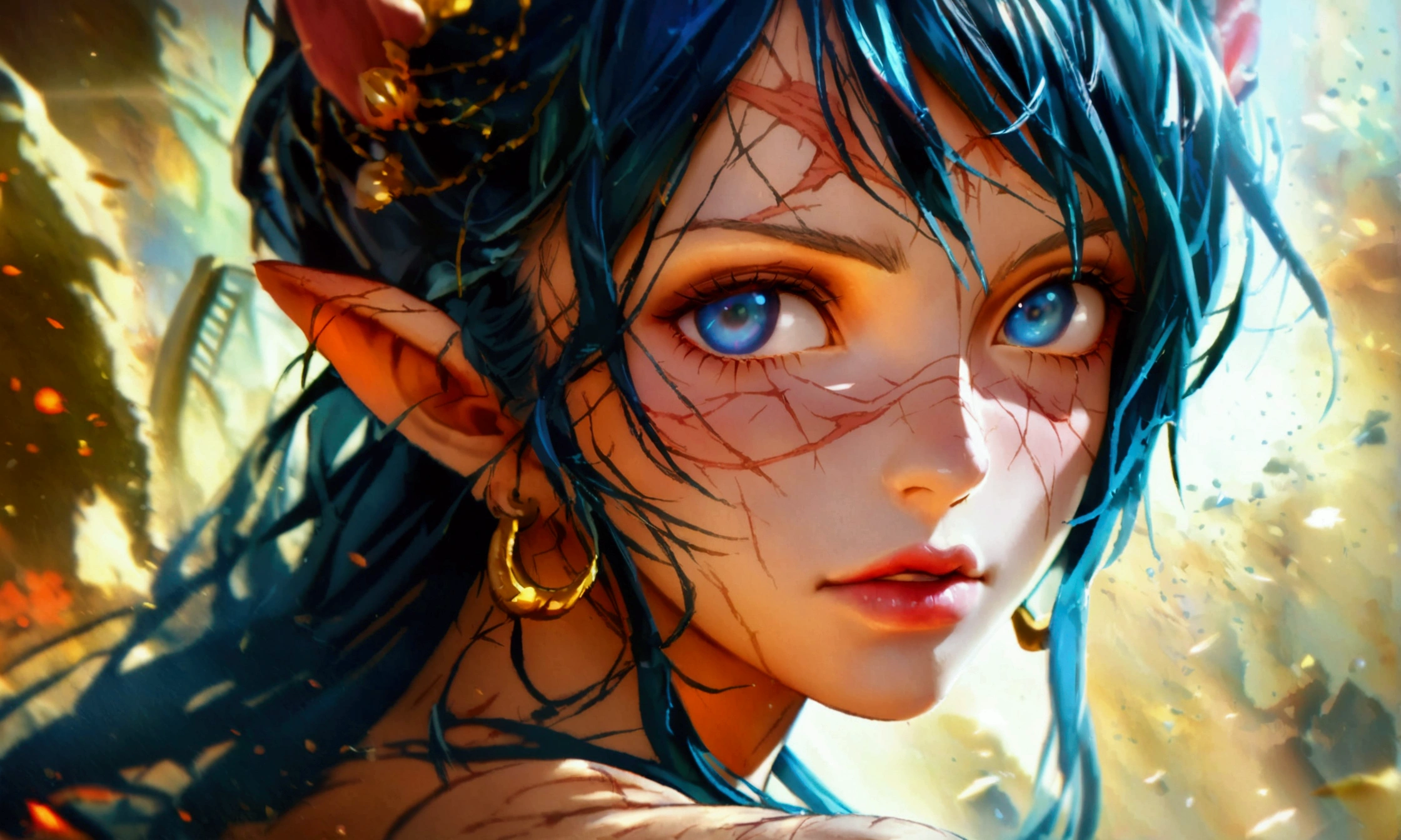 Female, pale skin, light blue eyes, long dark hair on one side and slightly shorter on the other, pointed ears, agile and slightly muscular physique, some small scars on the arms and legs, "Anime character design inspired by One Piece, full of dramatic and impressive lighting, focus on the centralized character, impressive face, full of creative details, ultra-fine 4K design, scenery bathed in creativity, boasting 2D anime resolution clarity, HD anime graphics, high-octane rendering"