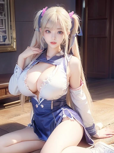 ((Highest quality))、((Very detailed))、(Detailed eyes:1.eductive pose:1.6))、(Huge breastslatinum Blonde Hair、(Sailor suit、、Twin tails