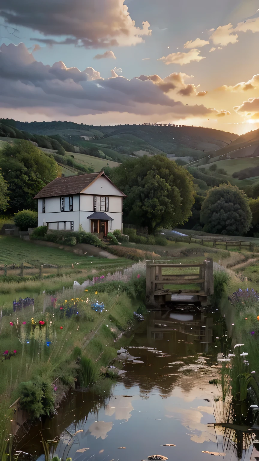 Masterpiece, best quality, sky, sunset, clouds, country side , Rainy day, wet Muddy field, small house, waterwheel,small pond, flower,tile path, garden lamps,grass,fence, Countryside complex, mountains, rivers, vistas, ((tileset)) no human in this scane