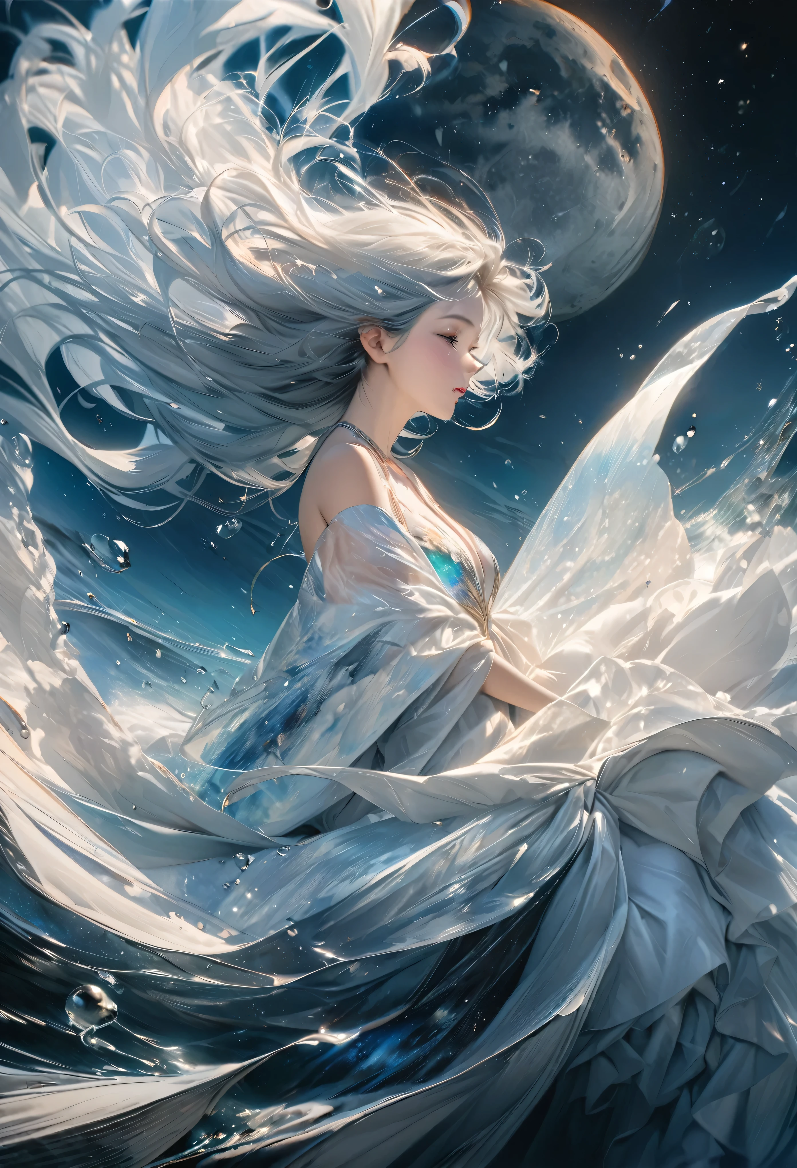 best quality, Super Fine, 16K, masterpiece, RAW photos, Reality, Three-dimensional oil painting depicting undulations, Fusion of watercolor and oil painting, Combination of monochrome and color, Ocean and Milky Way universe in the daytime full moon, the transparent translucent iridescent feather robe of heavenly maiden perched in the air and fluttering in the wind, wind, wind-effects, Excellent image quality, exquisite artwork