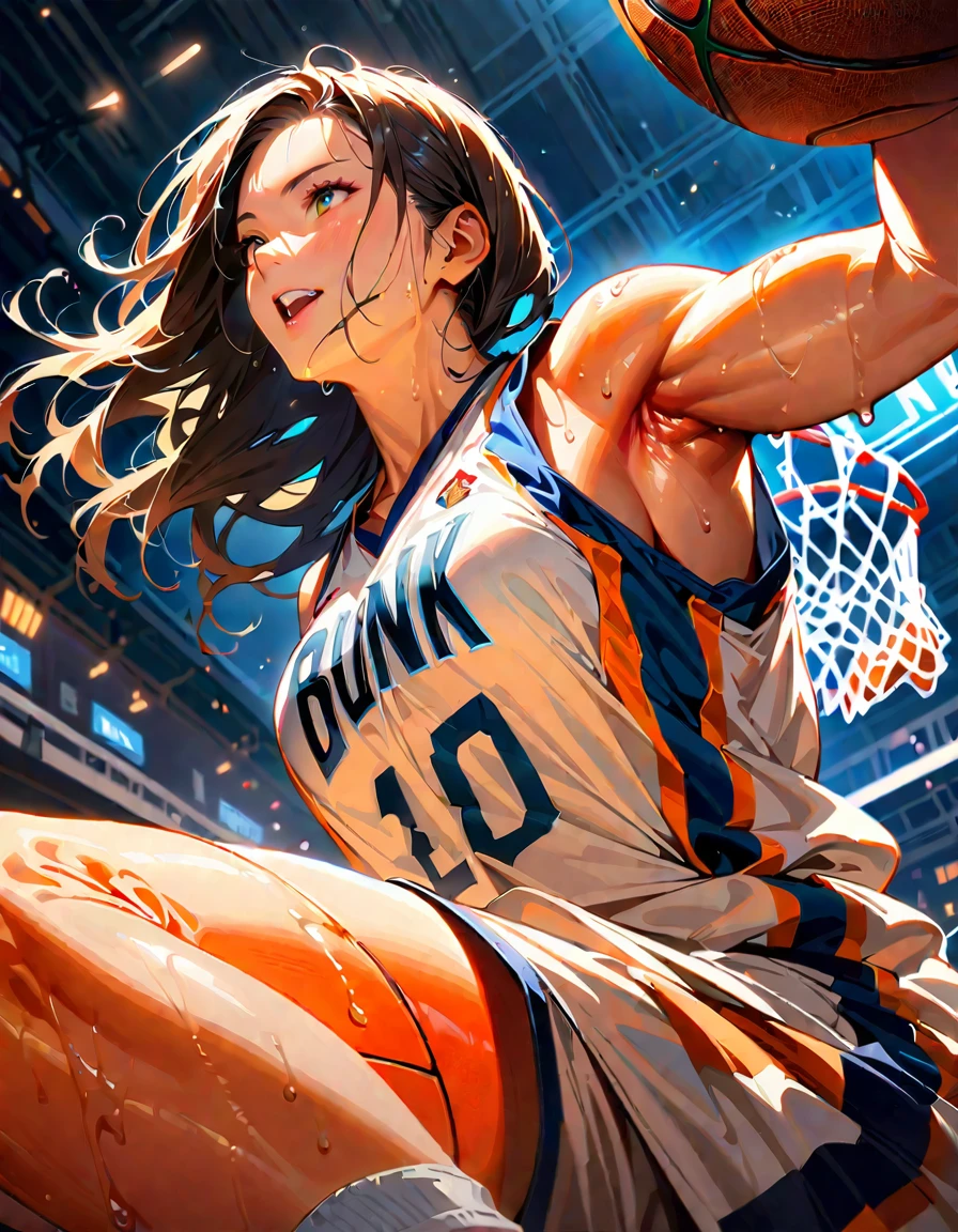 Young and beautiful woman,(Highest quality,Extremely detailed depiction,Incredible high resolution,Anatomically accurate depiction,software),(Glowing Skin,Glowing Skin,Sweat),basketballの選手,basketballのユニフォーム,basketball,Awesome dunk shot,Winning goal,background:basketballの試合中,From below:1.3