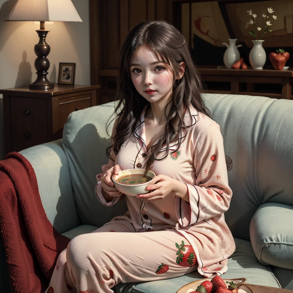 ((Best Quality)), ((masterpiece)), (detailed), 1 girl, with strawberry pajamas, covered with a red blanket, she is sick, On the couch, with a vegetable soup.
