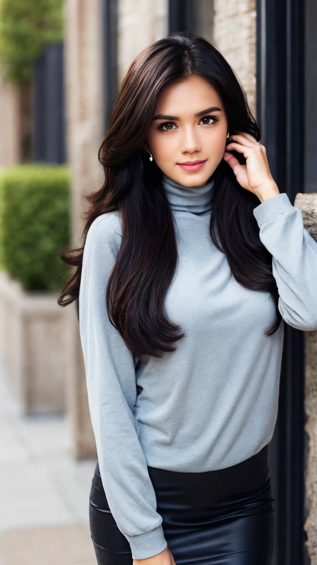 background is New York,street, 1 girl, beautiful girl, wearing tight black dress(turtle neck,simple,long sleeves), black long boots, shy smile, solo, beautiful and detailed eyes, dark eyes, big breasts, calm expression, delicate facial features, ((model pose)), Glamor body type, (dark hair:1.2), simple tiny earrings, simple tiny necklace, very_long_hair, hair past hip, bangs, curly hair, flim grain, realhands, masterpiece, Best Quality, 16k, photorealistic, ultra-detailed, finely detailed, high resolution, perfect dynamic composition, beautiful detailed eyes, eye smile, ((nervous and embarrassed)), sharp-focus, full_body, cowboy_shot