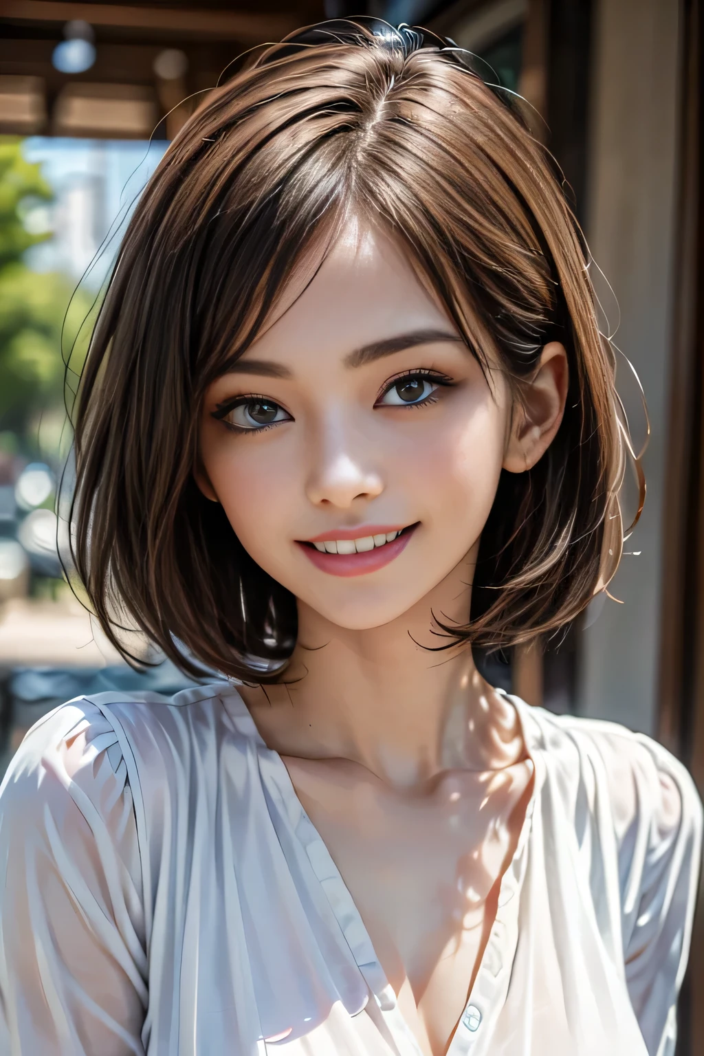 ((1 Ultimate Beauty))、mature、Beautiful Face、(Big eyes:1.3), Brown eyes、Detailed lips, Beautiful eyes in every detail, double eyelid, Long eyelashes、(Huge breasts), (curve), Lips parted, Beautiful teeth alignment, blush, Captivating Gaze、Captivating smile, (Brunette Bob), (Perfect fit colorful short silk dress), futomomo, Sexy pose, Detailed background, background: (Celebrity Mansions)、Realistic background and accessories、((Cowboy Shot))、(Advanced Depth of Field)、((masterpiece))、((Highest quality))、reality、reality、High resolution、Very detailed、reality lighting, reality