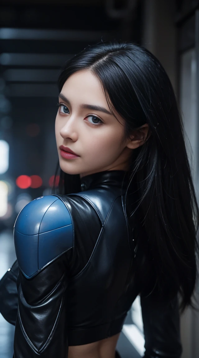 8K, Top Quality, Intricate Details, Ultra Detail, Ultra High Resolution, Masterpiece, ((close up shot)), shot from behind , looking away from viewer, Slender, not smile, (Makeup: 0.4), (Fluffy Blue Eyes: 1.21), blue Eyes,,
1girl, solo, 1 girl, close-up shot, standing ,looking away , holding gun, Photography from behind, ((tall)), (((fit body))), (((slim face))), sharp face, sharp eyes, ((( black hair, long hair ))), (detailed face), sharp face, small lips, thin lips,
(( futuristic top, futuristic pants, futuristic glove, futuristic boots )),Holding a gunblade, detailed face, detailed breast, , large breast, detail ass, round ass , Beautiful girl with accentuated slender abs: 1.4, Six Pack Abs: 1.4, Bust Botox, Big, Perfect Body, detail leg,),, cyberpunk background,